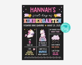 Puede incluir: Un cartel de estilo pizarra negra con un tema de unicornio para el primer día de jardín de infantes de un niño. El cartel incluye el nombre del niño, Hannah, el nombre de la escuela, Oceanside Grove Elementary, la fecha, 25 de agosto de 2025, y algunos datos divertidos sobre el niño, como su edad, su comida favorita y lo que quiere ser cuando crezca.