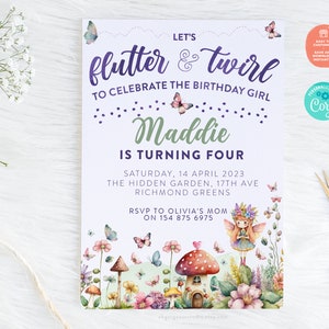 May include: A purple and green birthday invitation with a watercolour illustration of a fairy in a flower garden. The invitation says "Let's flutter & twirl to celebrate the birthday girl Maddie is turning four".