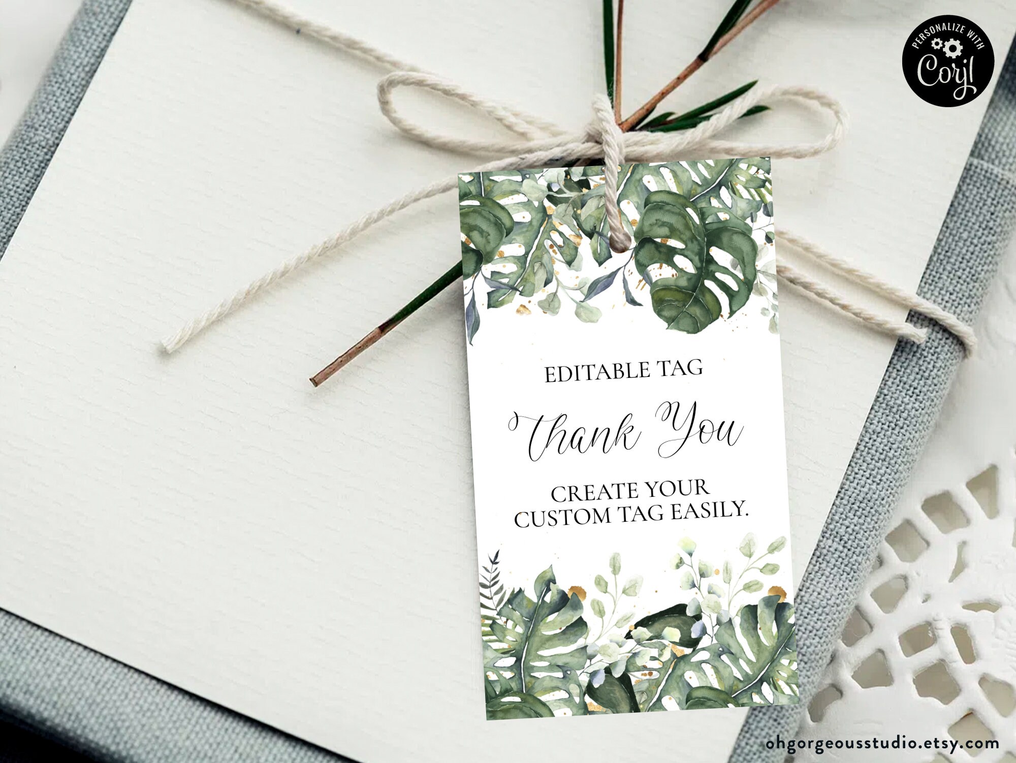 Monstera Leaf Thank You Tag: Editable Greenery Favor Label (2x3.5