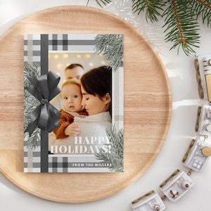 Weihnachtskarte bearbeitbare Vorlage | Karierte Familien-Weihnachtskarte, Urlaubspostkartenvorlage, Urlaubskarte druckbar, Fotovorlage