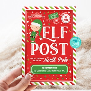 Etiqueta de envío de correo de Elf, etiqueta de correo de Santa Claus para hacer tú mismo, etiqueta de caja de llegada de correo de Elf, entrega especial de actividades de Elf, descarga instantánea, edición con Corjl