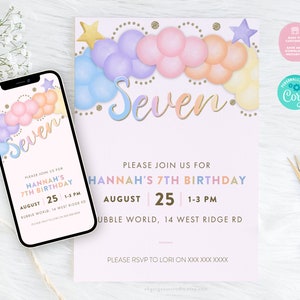 7th Birthday Party Invitation | Editable Printable Birthday Invitation, Seventh Birthday, 7 Years Old Watercolour Balloon Birthday Invite