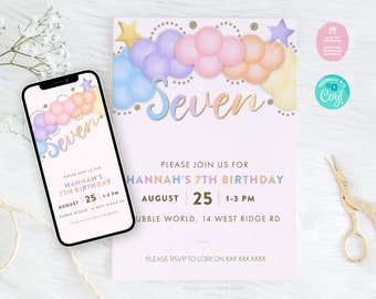 Watercolor Balloon 7th Birthday Invitation: Editable Printable