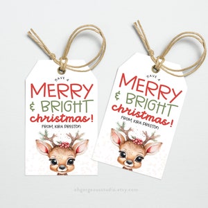 Druckbare Rentier-Geschenkanhänger, fröhliche und helle Rentier-Weihnachtsanhänger, Rentier-Geschenkanhänger, Klassenzimmerbevorzugung-Tag, druckbarer Sofort-Download