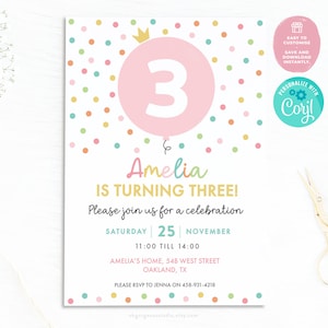 3rd Birthday Invitation | Modern Pastel Printable Invite For Girl, Boho Rainbow Three Year Party, Editable Princess Confetti Template