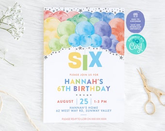 6th Birthday Invitation | Balloon Arch Colourful Birthday Party Invite, 6 Year Old Printable Party Invitation, Editable Template