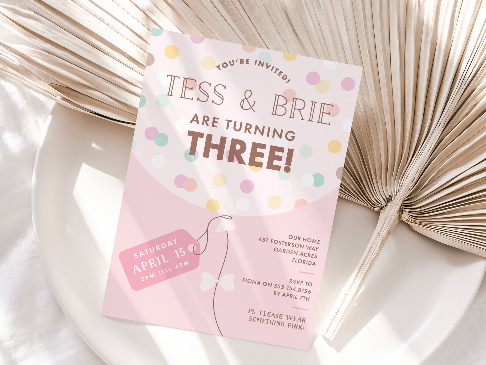 Pink 3rd Birthday Invitation: Confetti Balloons (corjl Editable Digital ...