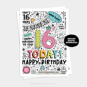 Printable 16th Birthday Card | Instant Download Printable Card for 16th ...