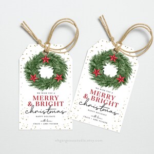 Kerst afdrukbare cadeaukaartjes | Vrolijk en helder vakantieplaatje, kerstkrans naamplaatje, bewerkbare feestelijke hangtags, kerstcadeaulabels
