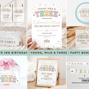 Ensemble fête d'anniversaire Young Wild et trois anniversaires pour filles | 3e anniversaire, jolie invitation à une fête pour fille, téléchargement numérique, décoration d'anniversaire