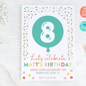 8th Birthday Confetti Party Invitation | Editable Printable Birthday Invitation, Eighth Birthday Invite, 8 Year Old Balloon Birthday Invite