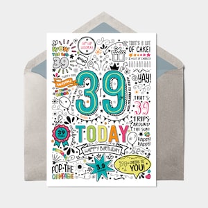 Biglietto stampabile per il 39° compleanno/Cartolina stampabile con download istantaneo per il 39° compleanno, Download digitale, Biglietto d'auguri stampabile in stile Doodle