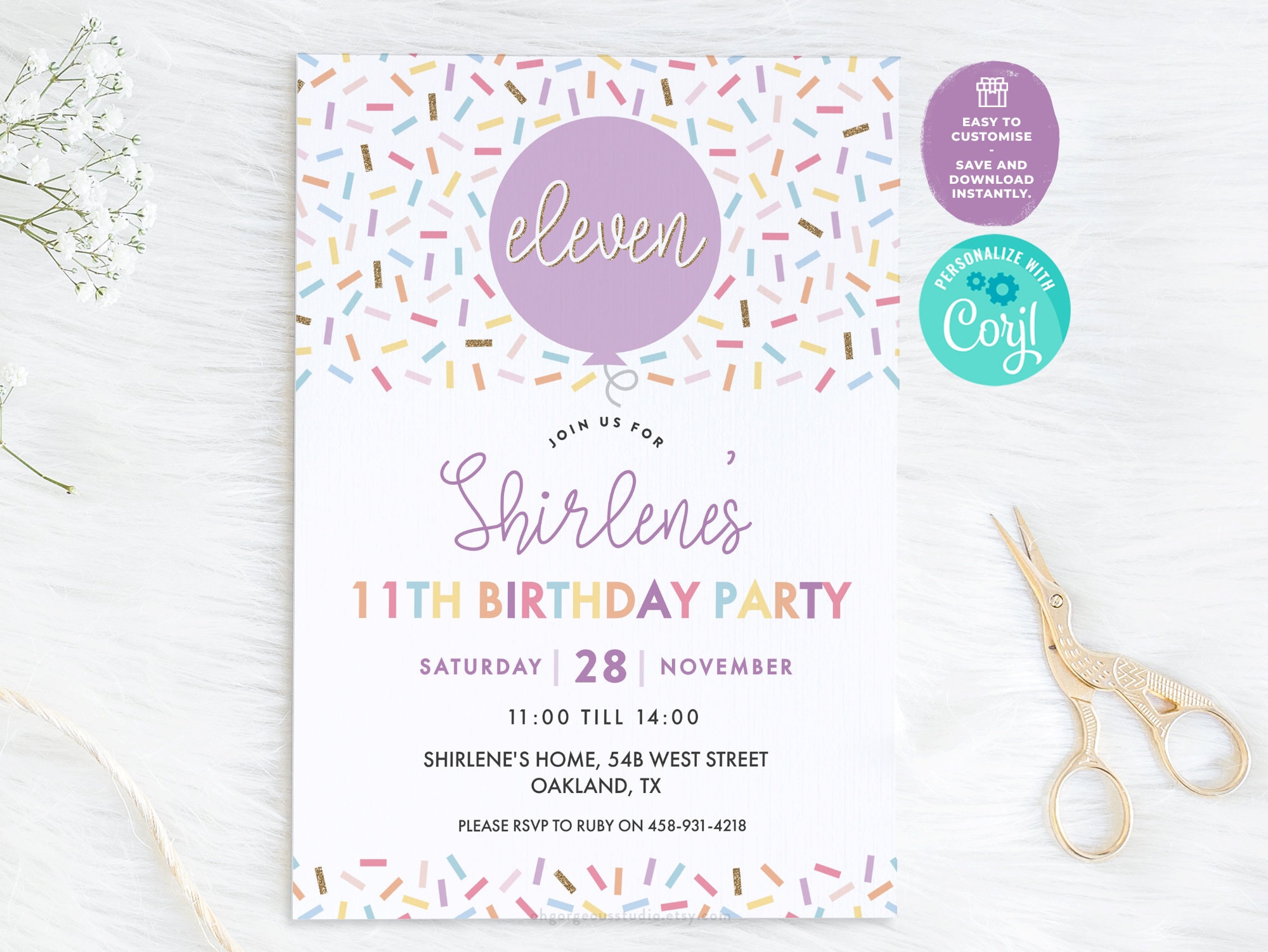 Pretty Sprinkles 11th Birthday Invitation | Pastel Coloured Sprinkle Invite, 11 Birthday Balloon Invitation, Editable Party Invite For Girl