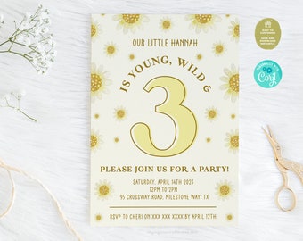 3rd Birthday Invitation | Daisy Theme Editable Birthday Invitation, Printable Birthday Invite, 3 Years Old Daisy Flower Birthday Invite