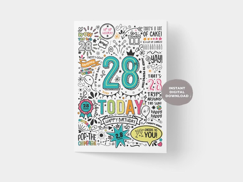 28th Birthday Card: Doodle Style Printable (digital Download) - Etsy