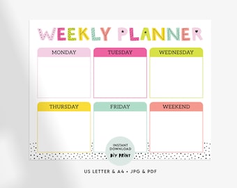 Planificador semanal para niños: Tabla de tareas escolares en casa, calendario de rutinas (descarga digital)