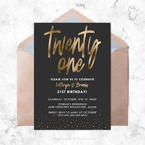 Elegant Gold Foil 21st Birthday Invitation: Editable Template