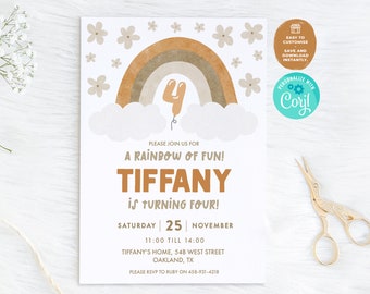 4th Birthday Invitation | Boho Rainbow Party Invite, Pretty Birthday Invite, Editable Birthday Party Invitation, Custom Invitation 4 Years