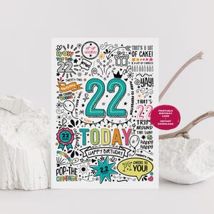 22 Geburtstagskarte zum Ausdrucken | 22 Today Herunterladbare Geburtstagskarte, Geburtstagskarte im Doodle-Stil, alles Gute zum Geburtstag, Instant Download