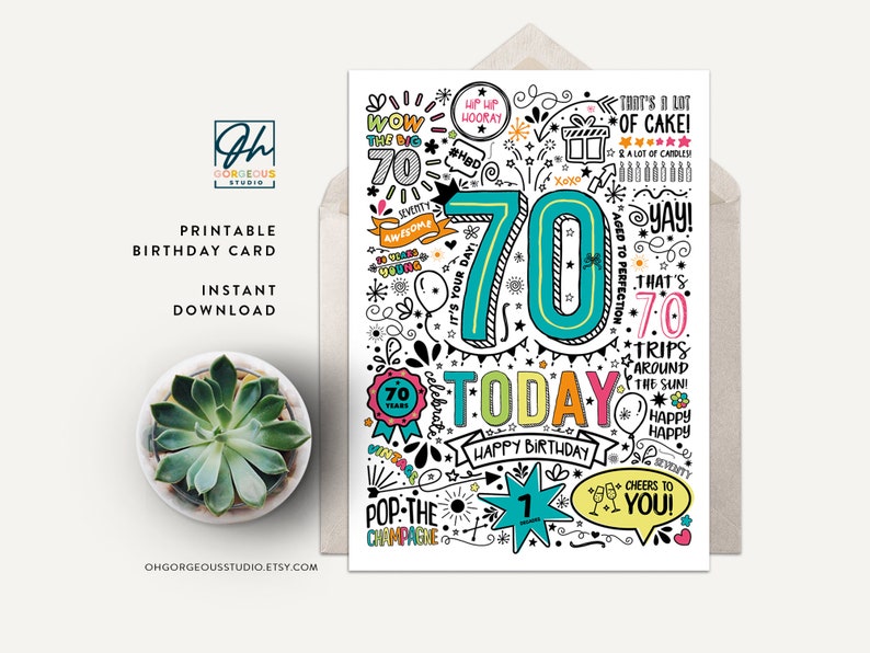 70th Birthday Card: Doodle Style Printable Card (digital Download) - Etsy