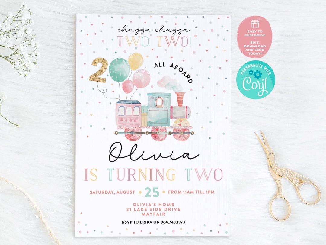 Two Train Invitation Cute Train 2nd Birthday Party Invitation for Girls, Chugga Chugga Two ...