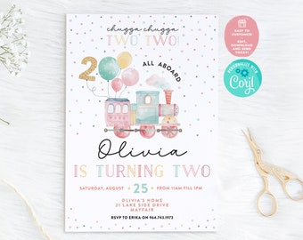 Invitación de tren para el segundo cumpleaños de una niña: Acuarela Chugga Two Two (Editar en Corjl)