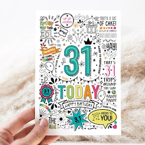 Tarjeta de cumpleaños imprimible número 31 / Tarjeta descargable de cumpleaños número 31 de hoy, tarjeta de cumpleaños estilo doodle, feliz cumpleaños para ti, descarga instantánea