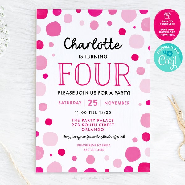 Pink Birthday Invitation | Ombre Party Invite For Any Age, Editable Shades Of Pink Watercolor Template, Modern Birthday Party Invitation