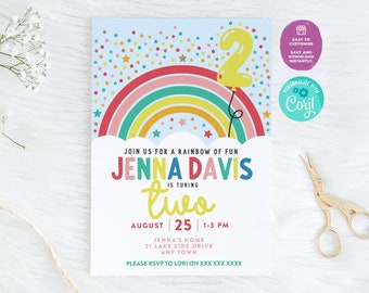 2nd Birthday Invitation | Colorful Rainbow Invite Girls Rainbow of Fun Editable Invite Printable DIY Rainbow Party Invite For 2-Year Girl