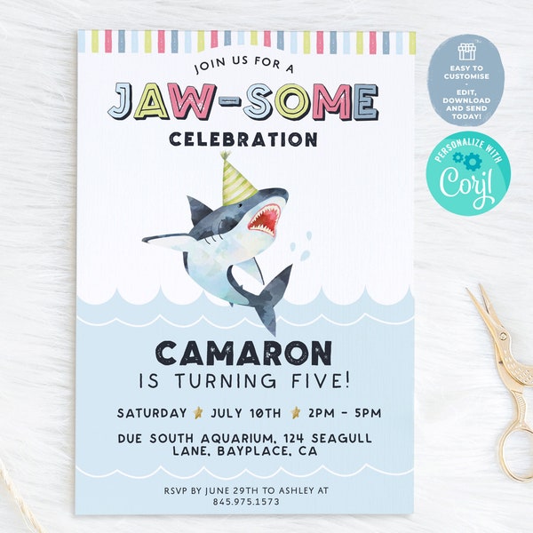 Invito di compleanno dello squalo / Modificabile di qualsiasi età Invito alla festa del grande squalo bianco, Jawsome Boy Shark Party Under The Sea, Download digitale, Corjl