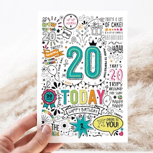 Carte d'anniversaire imprimable pour 20 ans | Carte téléchargeable d'anniversaire 20 aujourd'hui, carte d'anniversaire de Style Doodle, joyeux anniversaire, téléchargement immédiat