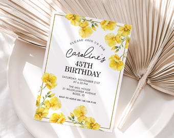Plantilla de invitación de cumpleaños con flores amarillas: invitación digital editable para fiesta de cumpleaños