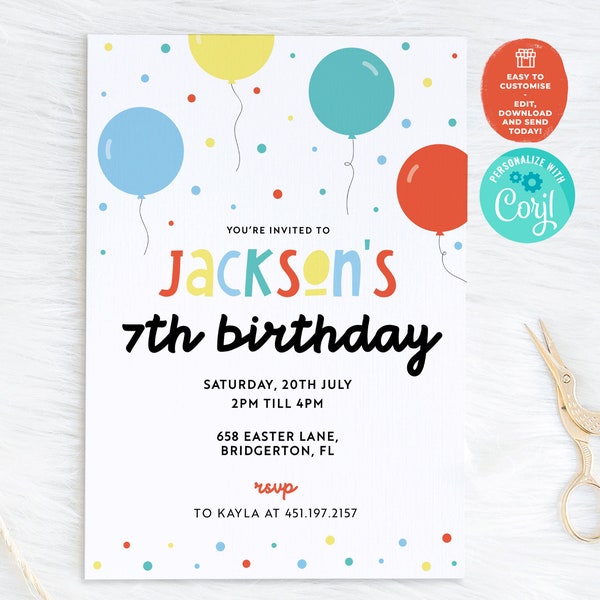 Balloon Birthday Invitation Template: Editable Polka Dot Party Invite (Digital)