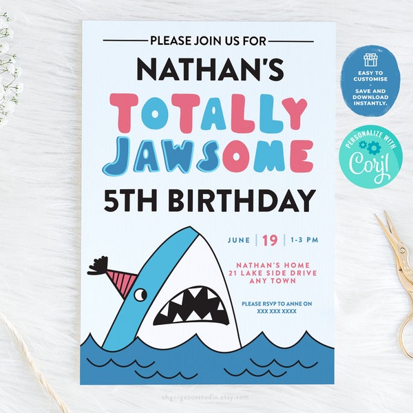 Shark Birthday Invitation | 5th Birthday Invite, Pool Party Invite, Totally Jawsome Party, Swim Party Invite, Printable Invitation