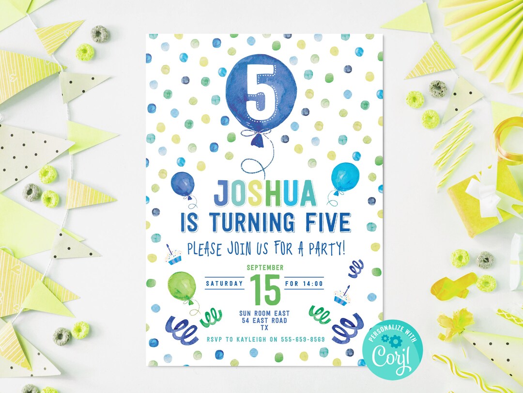 5th Birthday Invitation: Blue Confetti, Editable Template - Etsy