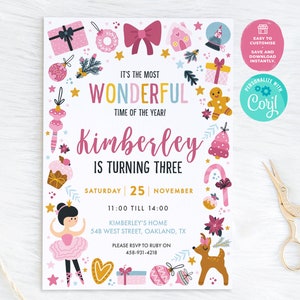 Rosa Weihnachten Geburtstagsparty einladen | Druckbare Mädchen Winter Urlaub Dezember Geburtstagsparty, druckbare Einladung, Urlaub Party Einladung
