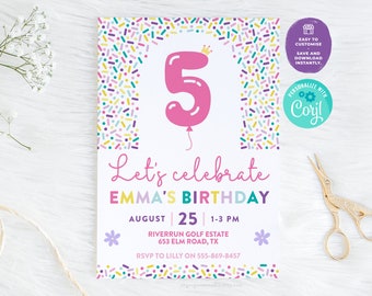 5th Birthday Confetti Party Invitation | Editable Printable Birthday Invitation, 5th Birthday Invite, 5 Years Old Balloon Birthday Invite