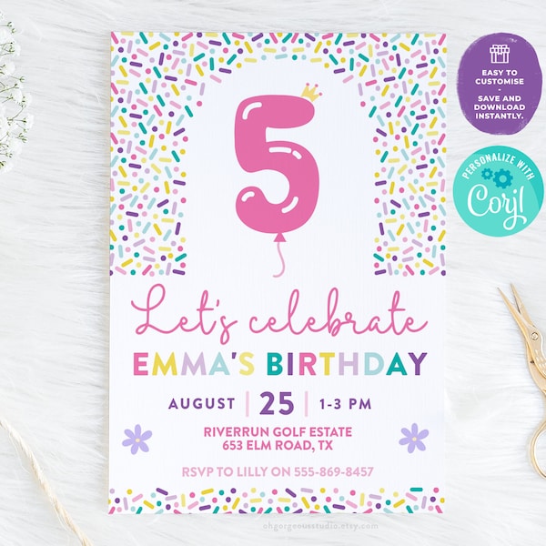 5th Birthday Confetti Invitation: Editable Party Invite (Corjl)