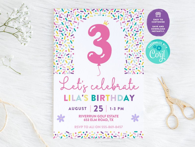3rd Birthday Confetti Party Invitation Editable Printable Etsy
