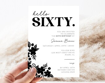 60th Birthday Invitation Template: Black & White Floral (Digital)