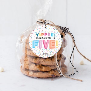 May include: A round gift tag with a colorful confetti background and the text "Yippee! Elizabeth is Five!" in a rainbow font. The tag is tied to a clear plastic bag filled with cookies.