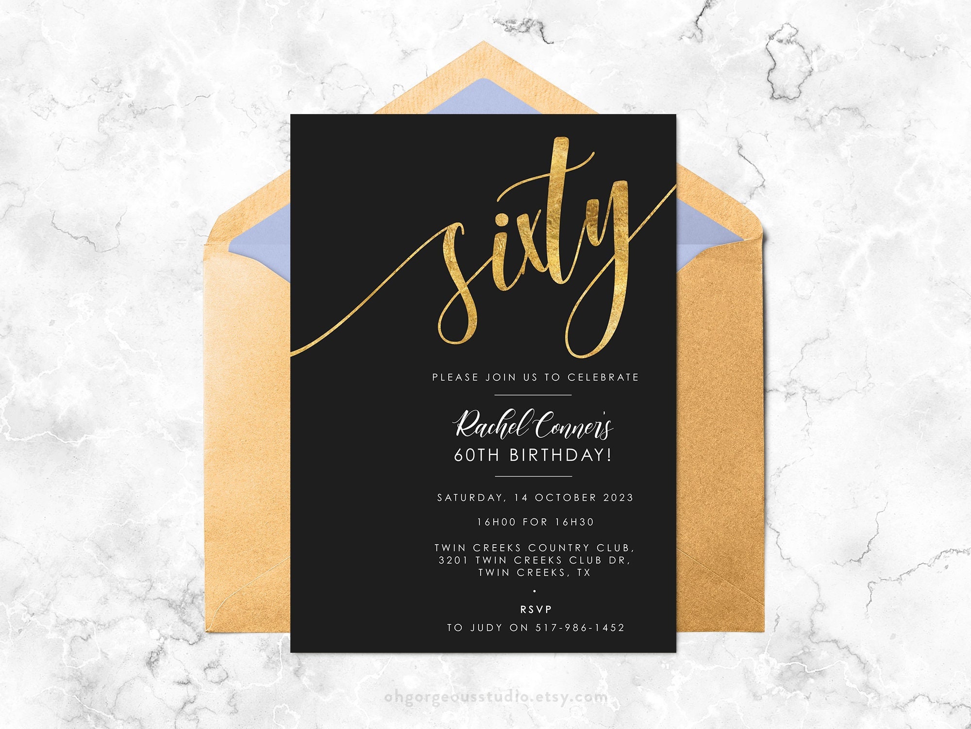 60th Birthday Invitation Elegant Gold Foil Black Party Invite 