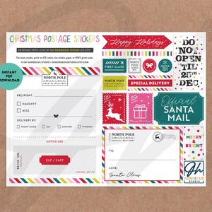Moderne speciale bezorging kerstman Officiële postzegels en postzegels | Afdrukbaar stickervel speciale bezorging noordpool, direct download