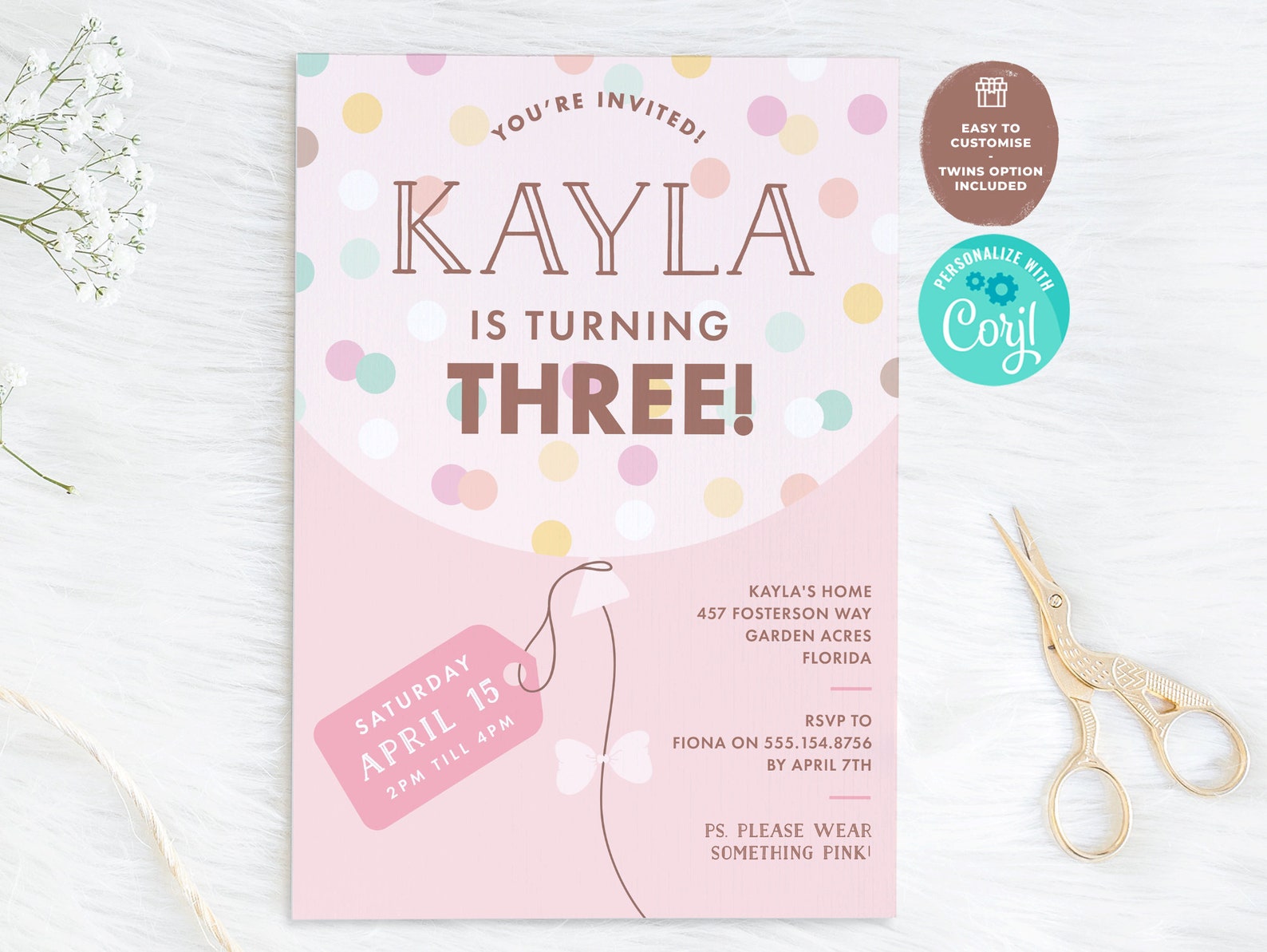 Pink 3rd Birthday Invitation: Confetti Balloons (corjl Editable Digital ...