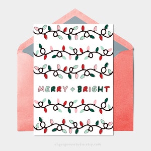 Tarjeta de Navidad imprimible / Tarjeta imprimible de Navidad feliz y brillante, tarjeta doblada festiva de luz de cuerda linda, imprimir en casa, descarga instantánea