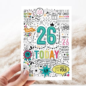 26th Printable Birthday Card | 26 Today Birthday Downloadable Card, Doodle Style Birthday Card, Happy Birthday To You, Instant Download
