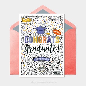 de remise des diplômes imprimable | Carte de style doodle pour diplômés, téléchargement immédiat, impression à la maison, cartes-cadeaux de remise des diplômes universitaires pour personnes âgées