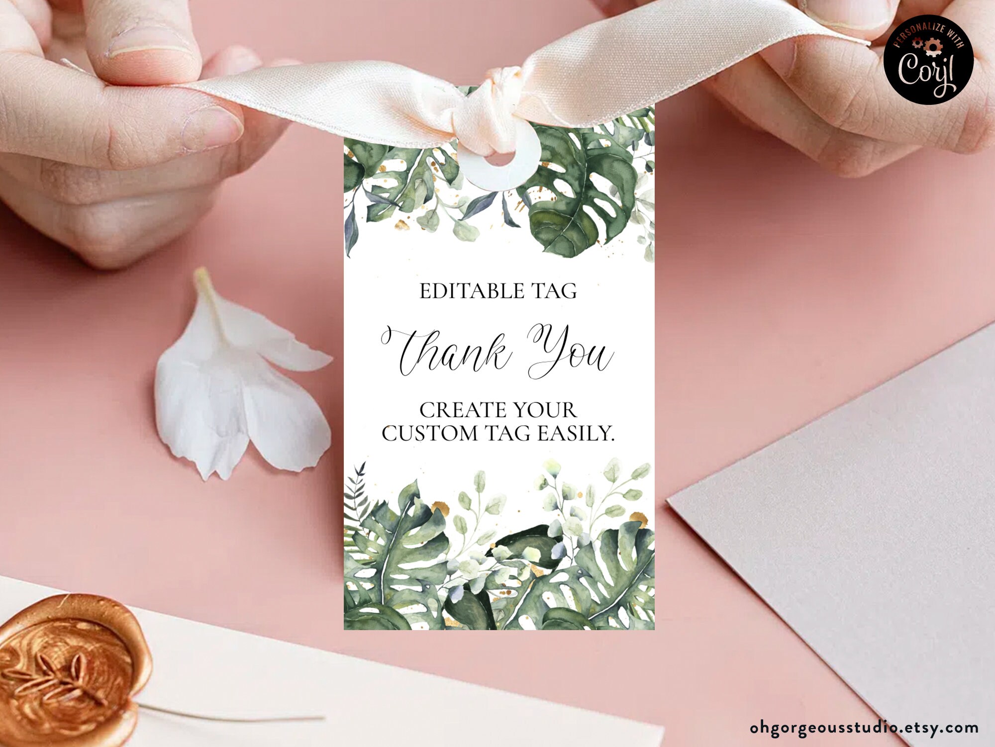Monstera Leaf Thank You Tag: Editable Greenery Favor Label (2x3.5