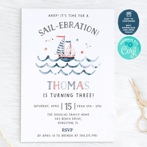 Invito di compleanno nautico Ahoy, modello modificabile, Sail-Ebration Ocean Sail Boat Invito alla festa in barca a vela Invito alla festa dei pirati Modello Corjl