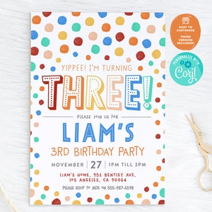 Invitación de 3.er cumpleaños / Plantilla editable para fiesta "Yippee, tengo tres años", invitación de acuarela para 3 años, invitación para fiesta infantil, confeti de colores